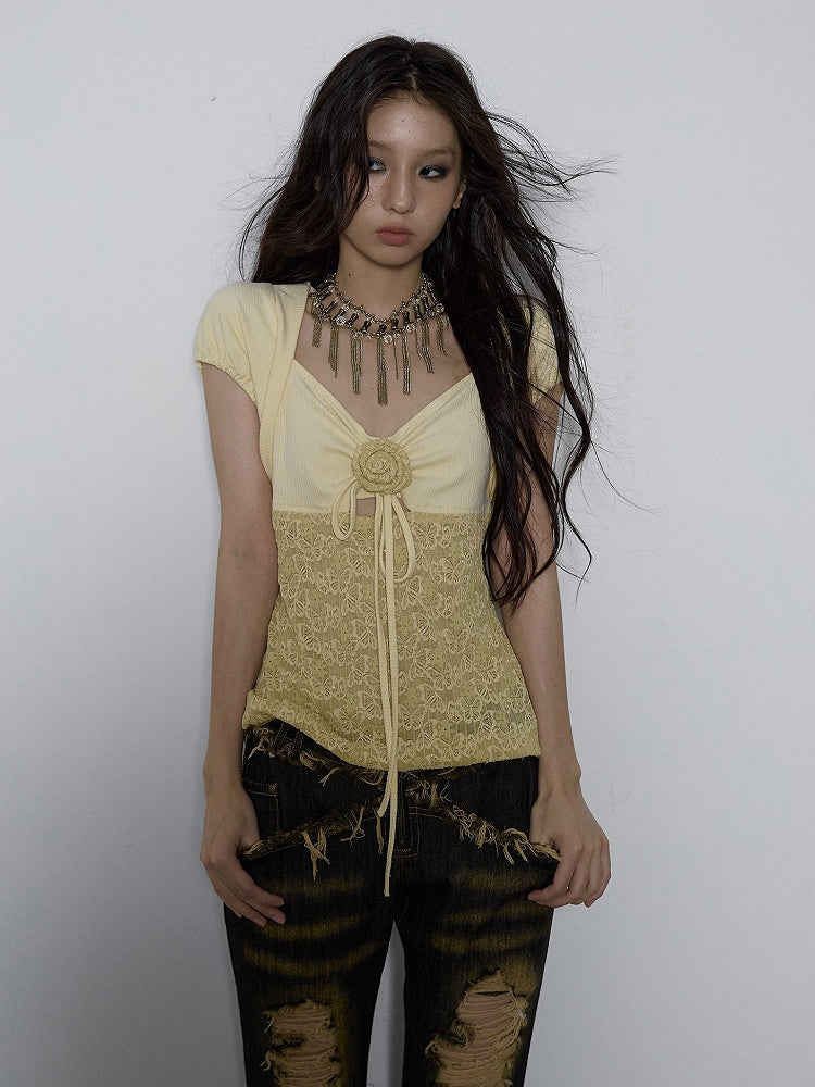 Floral Design Light Yellow Butterfly Jacquard Top