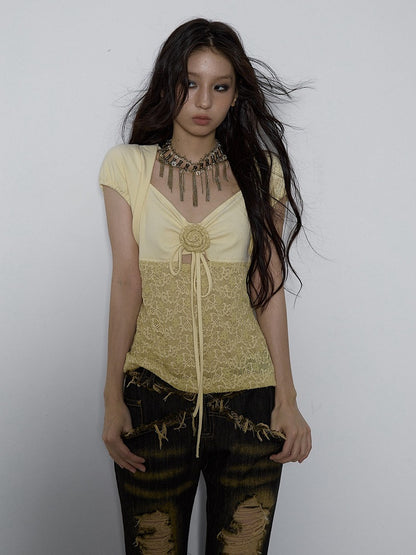 Floral Design Light Yellow Butterfly Jacquard Top