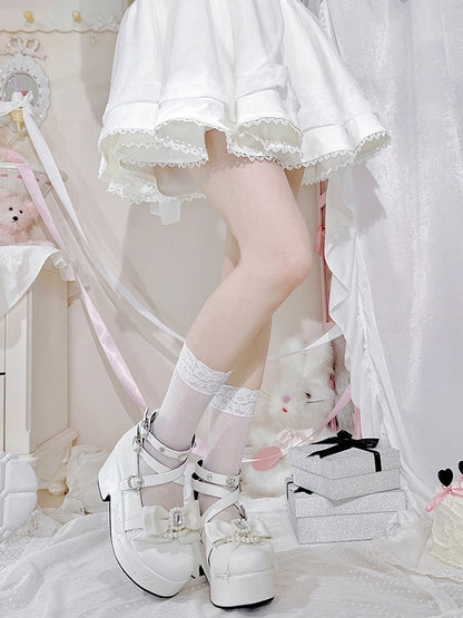 Jirai Kei Matte White Beaded And Rhinestone Decorated Bow at Top Platform High Block Heels