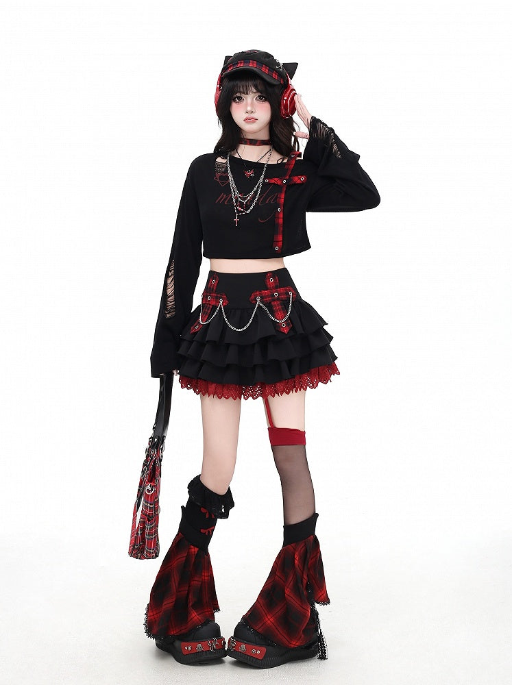 Chains Decorated Pink/Red Plaid Cross Appliques Lace Trim Tiered Skirt