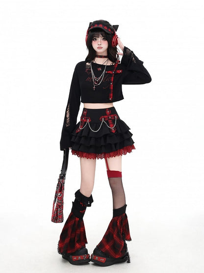 Asymmetrical Neckline Criss-cross Gray/Red Plaid Shoulder Strap Distressed Holes Coverup