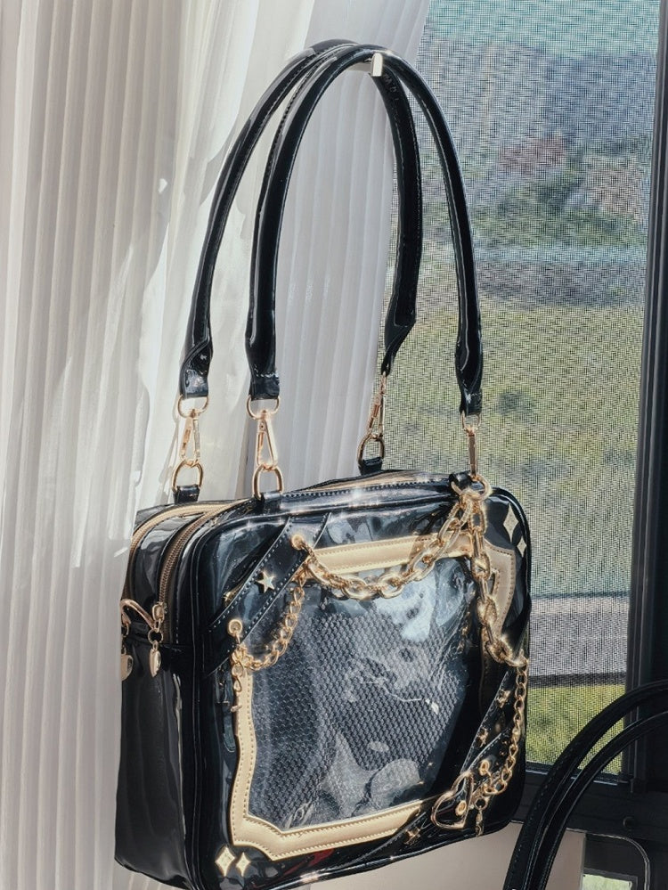 Black & Gold Crisscross Strap Ita Shoulder Bag with Cross Charm Chain