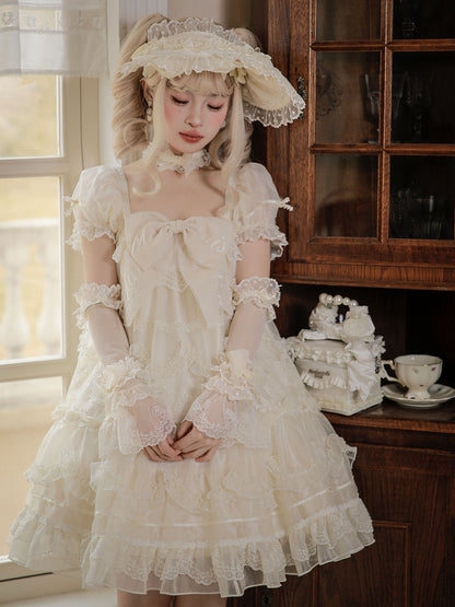 Embroidered Big Bow Neckline Creamy White Short Puff Sleeves Lolita Dress