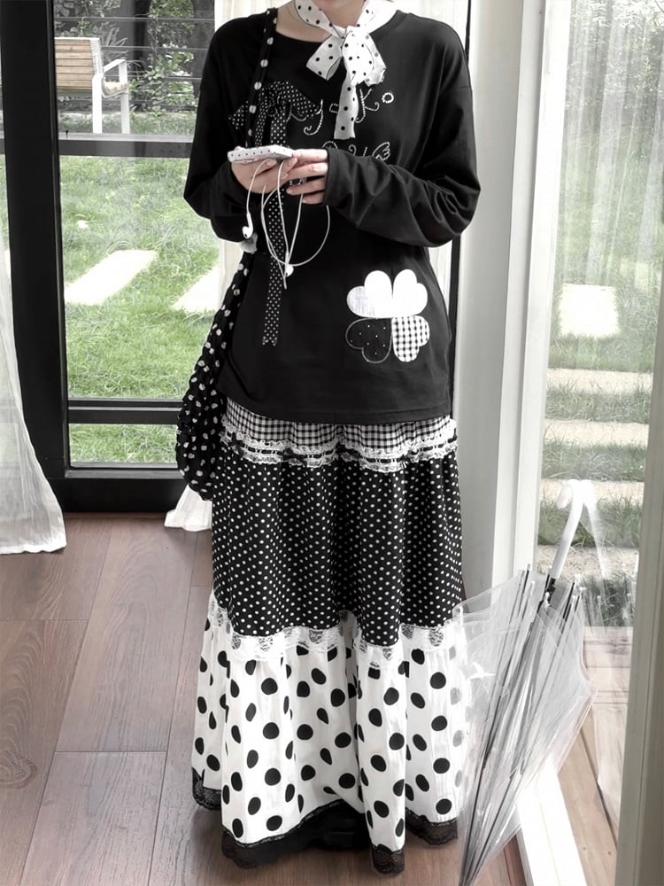 Black & White Polka Dot Panelled Maxi Skirt with Lace Trim