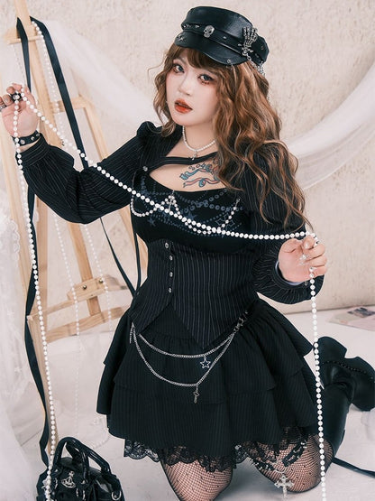 Plus Size Black Y2K Gothic Striped Top with Cross Charms & Bead Chains