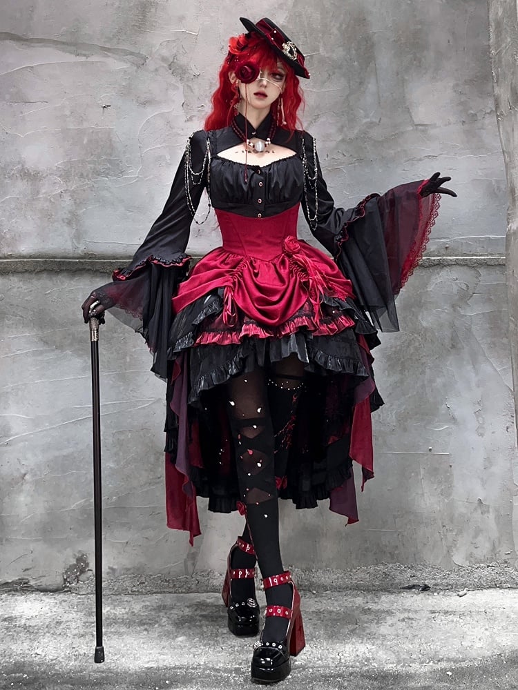 Clearance-Size S for Waist 66CM Boned High Waist Red and Black Gothic Lolita Drawstring High-low Skirt