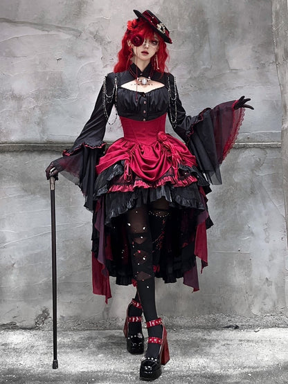 Clearance-Size S for Waist 66CM Boned High Waist Red and Black Gothic Lolita Drawstring High-low Skirt