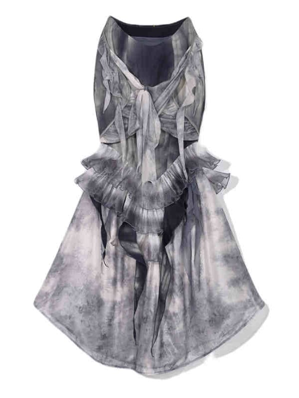 Dusty Blue Tie Dye Design Ruffle Flounce Knees Corpse Bride Goth Mermaid Skirt