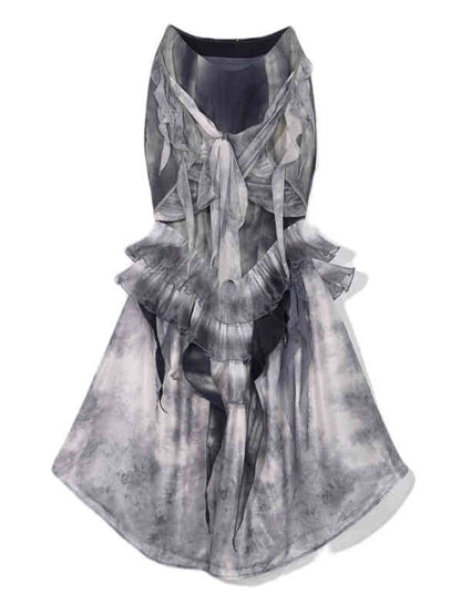 Dusty Blue Tie Dye Design Ruffle Flounce Knees Corpse Bride Goth Mermaid Skirt