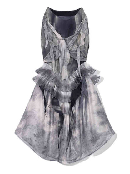 Dusty Blue Tie Dye Design Ruffle Flounce Knees Corpse Bride Goth Mermaid Skirt