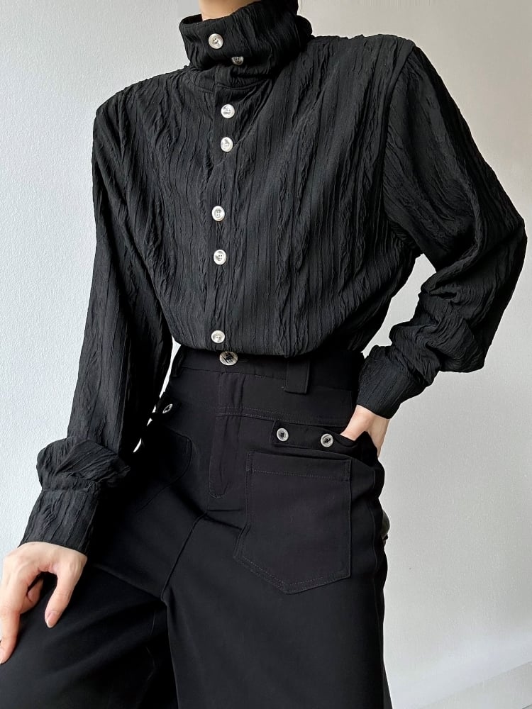 Ouji Lolita Black Textured Long Sleeve Shirt with Button Cuffs & Mandarin Collar