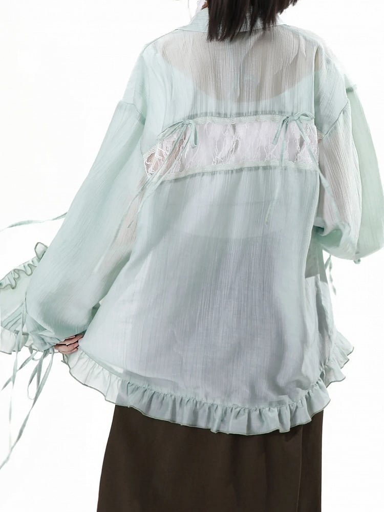 Mint Green Self-tie Bowknots Placket Drawstring Cuffs Ruffled Trim Shirt