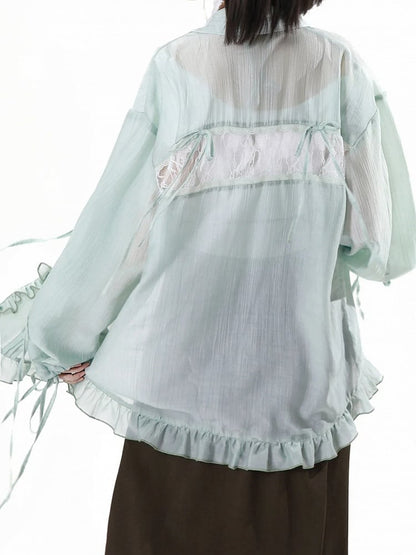 Mint Green Self-tie Bowknots Placket Drawstring Cuffs Ruffled Trim Shirt