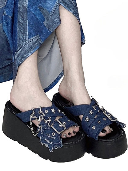 Star-shaped Buckles and Studs Blue Denim Punk Platform Slippers