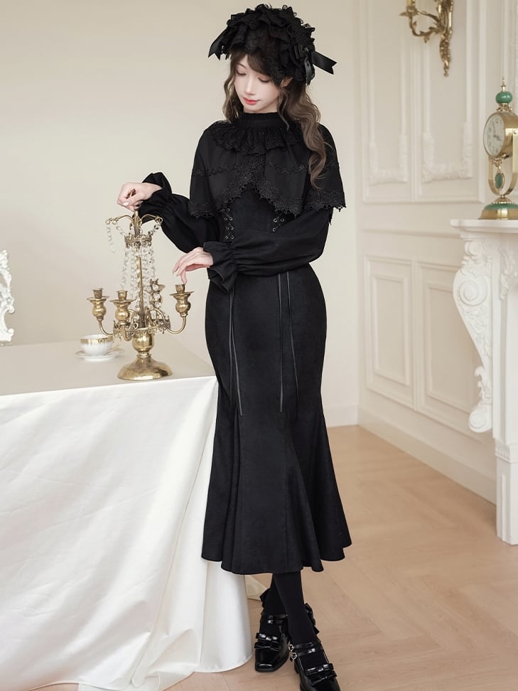 Black Jirai Kei-inspired Elegant Mermaid Dress with False Two-Piece Cape