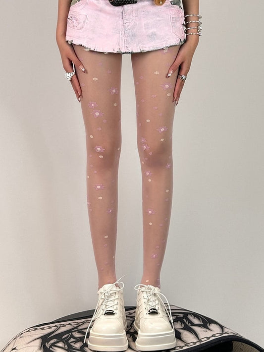 Black/Pink/Purple Floral Pattern Tights