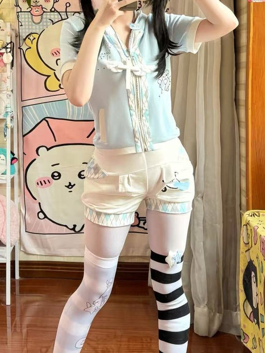 Light Blue Tenshi Kaiwai Cat Print Diamond Pattern Bear Ear Hoodie T-shirt