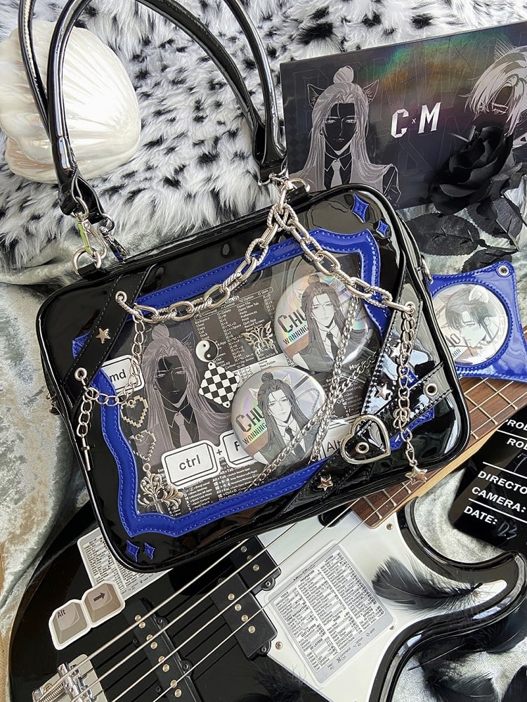 Black & Dark Blue Crisscross Strap Ita Shoulder Bag with Cross Charm Chain