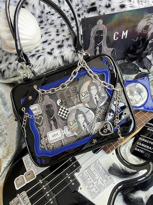 Black & Dark Blue Crisscross Strap Ita Shoulder Bag with Cross Charm Chain