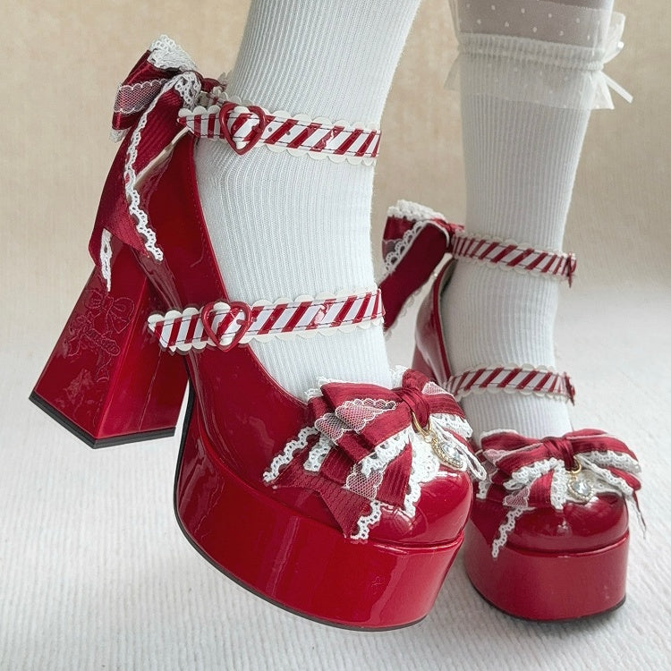 Dazzling Crystal Bow & Striped Pattern Straps PU Leather Red Platform High Block Heel Mary Janes in Elegant Lolita
