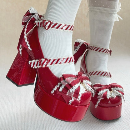 Dazzling Crystal Bow & Striped Pattern Straps PU Leather Red Platform High Block Heel Mary Janes in Elegant Lolita