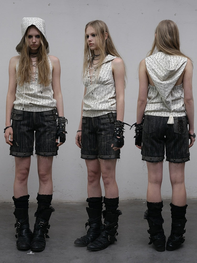 Black Wasteland Punk Studs Decorated Buckle Details Faded Wash Shorts