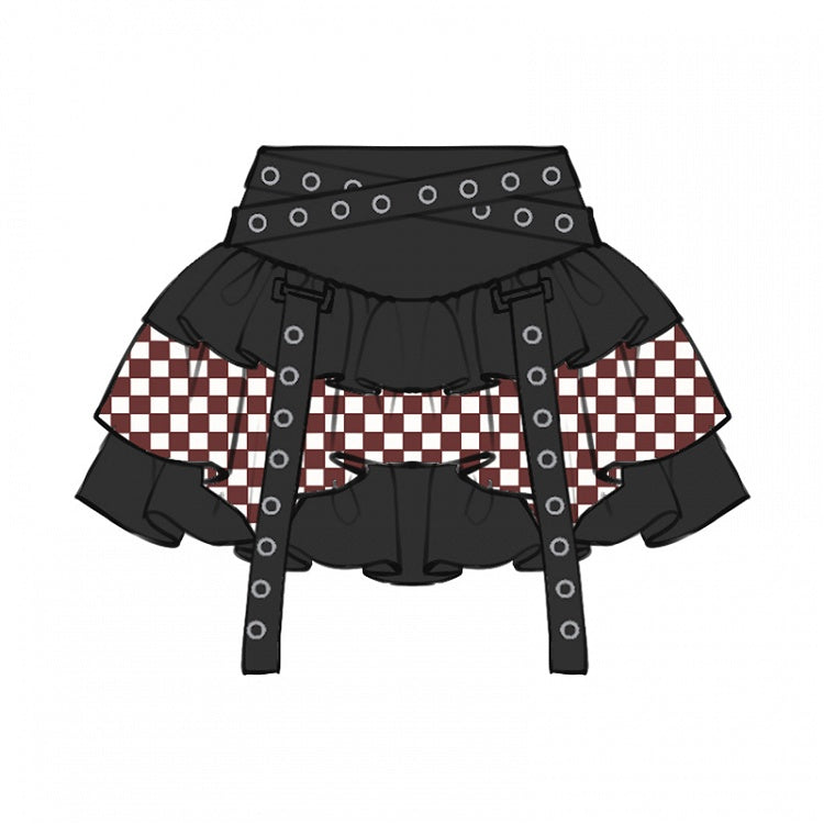 Plus Size Straps Design Checked Pattern Black and Red Tiered Skirt