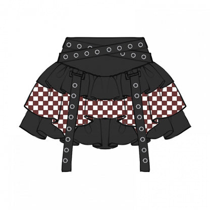 Plus Size Straps Design Checked Pattern Black and Red Tiered Skirt