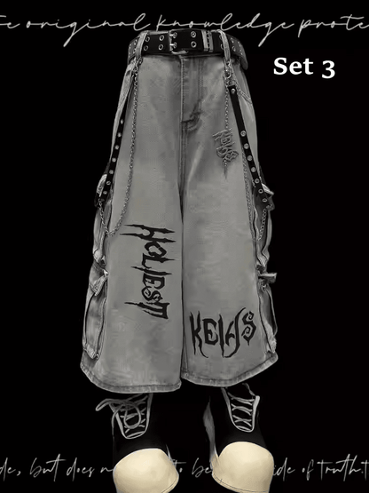 Light Blue Punk Rock Wide-leg Cargo Jeans with Free Charm