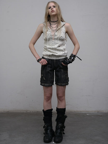 White Striped Pattern Star Print Lace-up Detail Hoodie Sleeveless Top