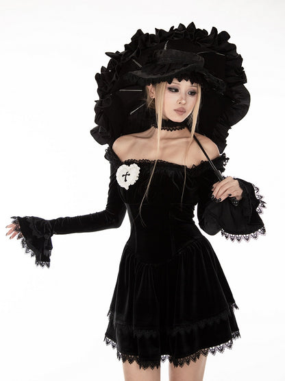 Gothic Black Velvet Off-the-shoulder Neckline Bell Sleeves Dress