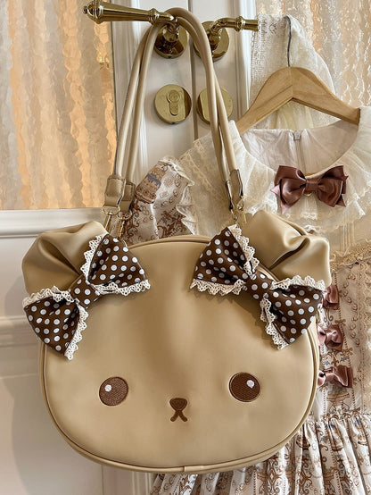 Brown Polka-dot Pattern Bowknot Details Bear Tote Bag