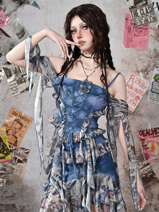 Grunge Punk Rock Fairycore Blue Butterflies Print Mesh Patchwork Design PU Top Flounce Hem