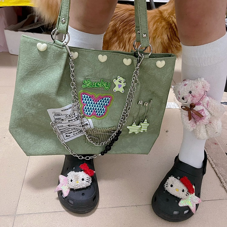 Green Y2K Vintage Style Shoulder Bag with Butterfly Applique & Metal Chain Strap