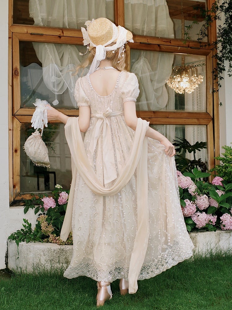 Allover Beaded Leaves Design Beige Empire Waist Elegant Lolita One Piece Long/Short Version