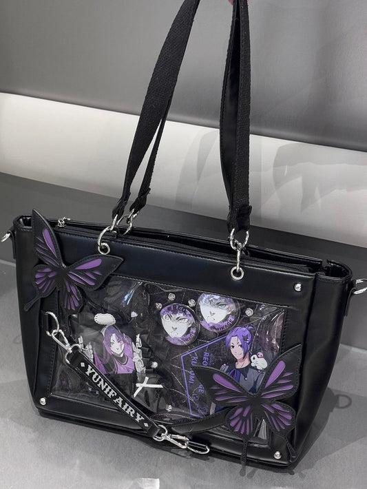 Purple Detachable Butterfly Spiderweb Detail Black Ita Shoulder Bag