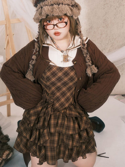 Plus Size Preppy Tiered Brown Plaid Dress with Sailor Collar & Detachable Roses