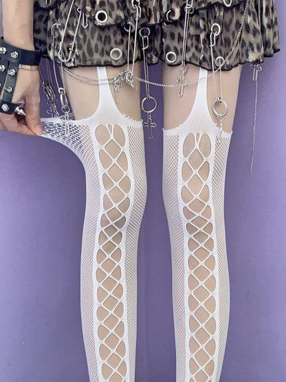 Black/Red/White Punk Rock Cut-out Design Suspender Stockings