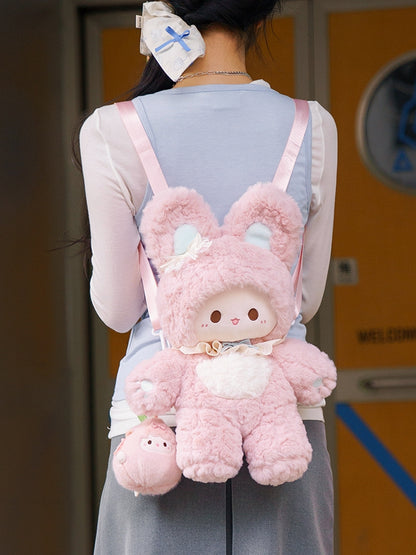 Pink Bowknot Decorated 43cm Plush Rabbit Backpack Detachable Shoulder Straps