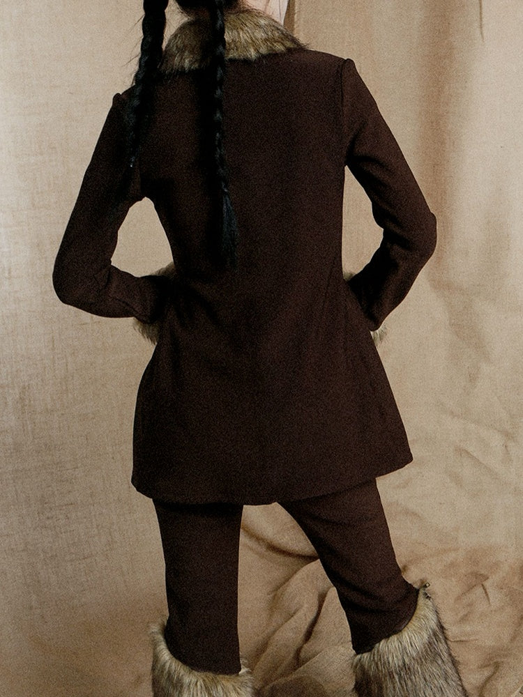 Buckle Strap Dark Coffee Wasteland Punk Top with Plush Collar and Cuffs