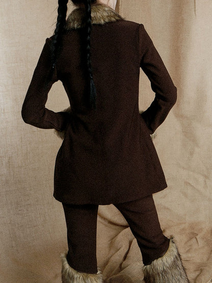 Buckle Strap Dark Coffee Wasteland Punk Top with Plush Collar and Cuffs