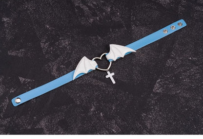 Cross Pendant Blue and White Handmade Bat Wings PU Choker