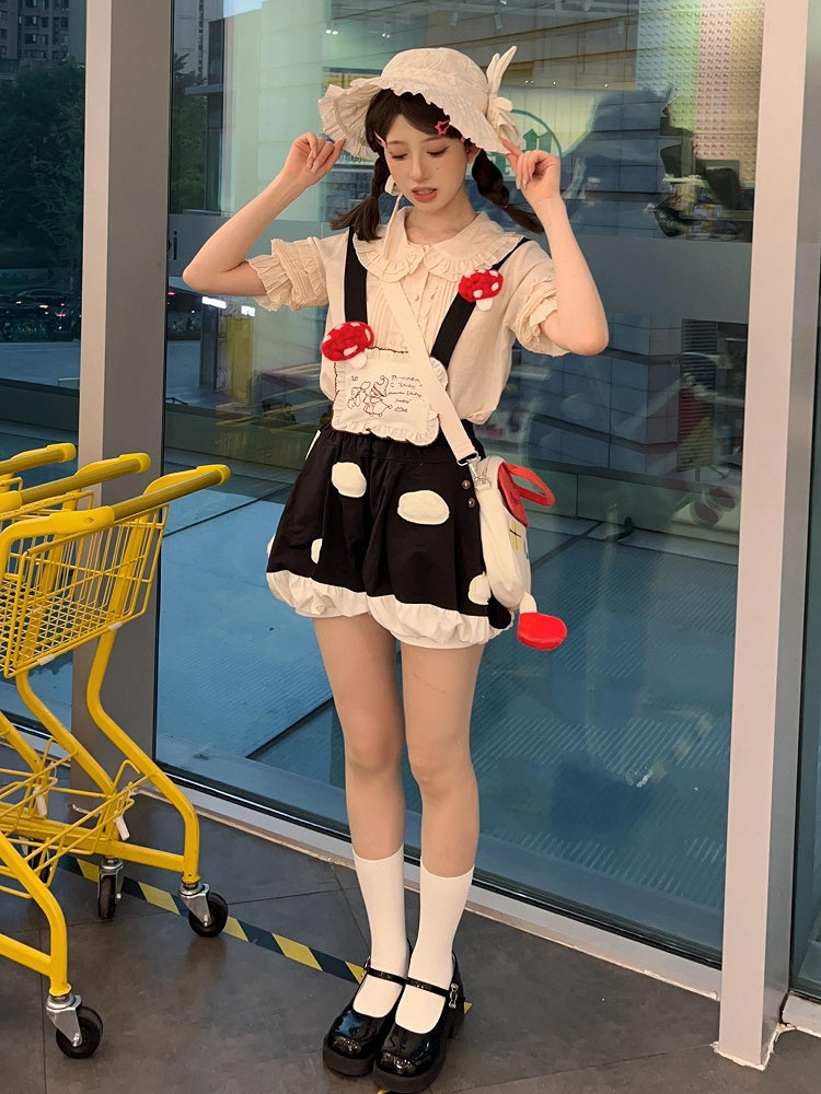 Fleece White Spot Applique Black Sweet Lolita Mushroom Bubble Short with Detachable Straps