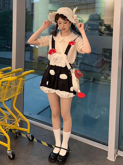Fleece White Spot Applique Black Sweet Lolita Mushroom Bubble Short with Detachable Straps