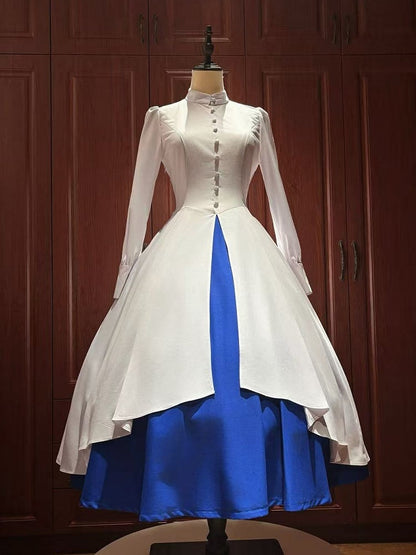 White and Klein Blue Nun Lolita Long Sleeves Dress