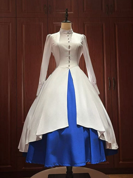 White and Klein Blue Nun Lolita Long Sleeves Dress