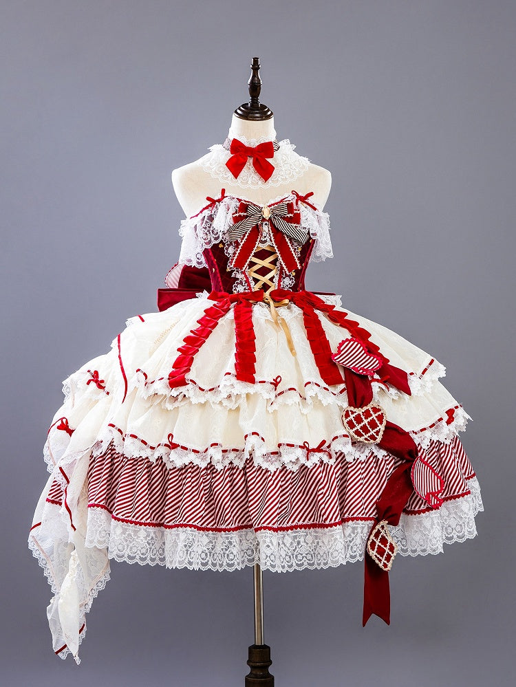 Red Queen Hime Lolita Red Bow Accents Boned Corset Top + Tiered Skirt