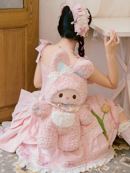 Pink Fluffy Bunny Plush Backpack With Detachable Shoulder Straps