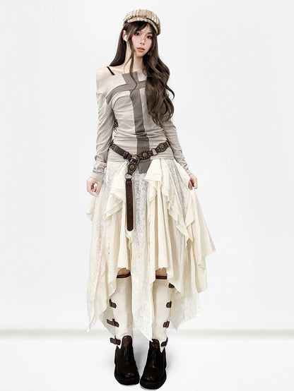 Apricot Cross Design Asymmetrical Neckline Long Sleeves Top