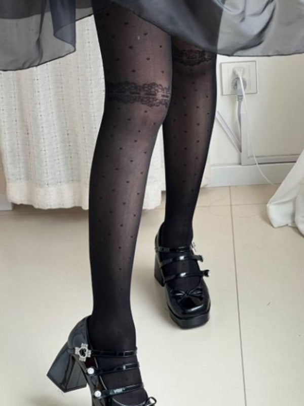5 Options Black/White Lolita Bowknot Polka-dot Pattern Semi-sheer Tights
